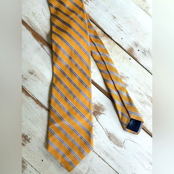 DANIEL CREMIEUX handmade silk tie yellow blue gray stripes men’s necktie EUC - Picture 6 of 10